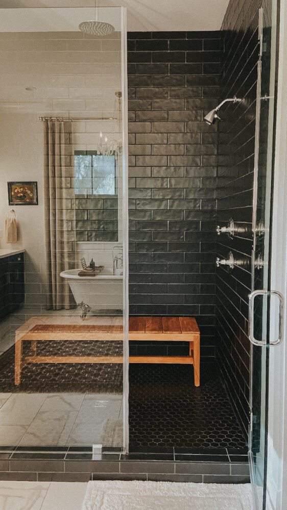 Black Tile Shower, Teak Bench + Shower Dispensers | Our Fifth House